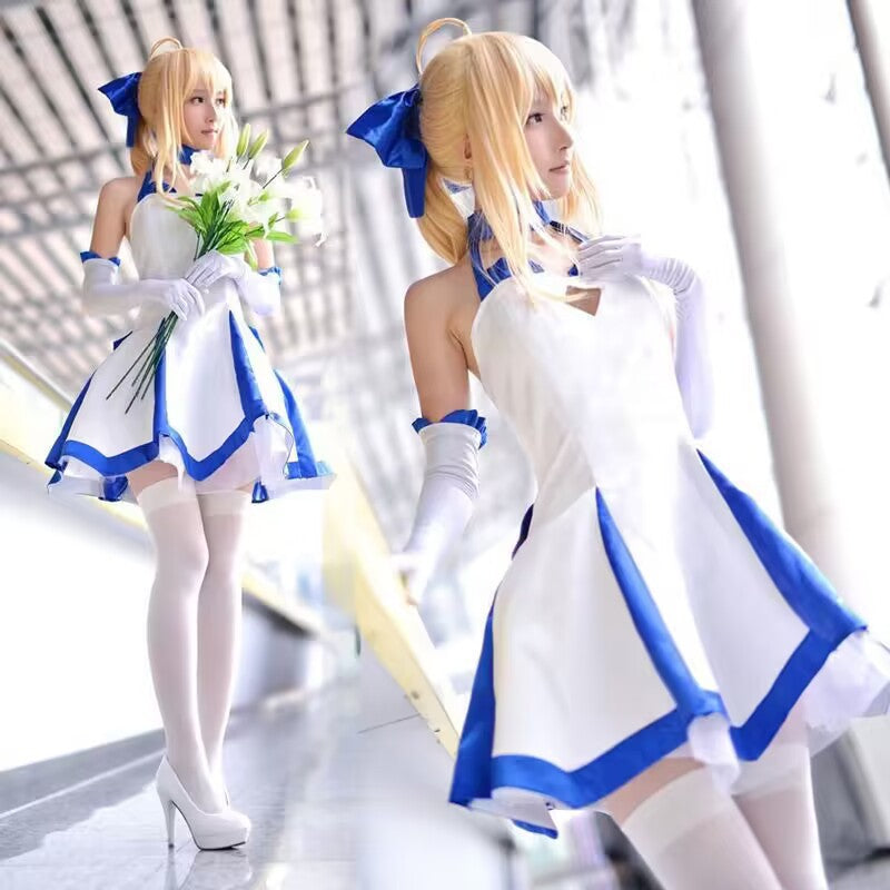 Fate Series Saber Lily White Dress Cosplay Costume, Artoria Pendragon Lily Strapless Sailor Dress Set For Anime Convention Role Play - Halloweez