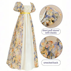 Women’s Bridgerton Style Regency Dress | Floral Maxi Gown with Puff Sleeves & Oil Painting Print - Halloweez