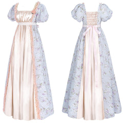 Bridgerton Inspired Women’s Regency Era Floral Maxi Dress – Puff Sleeve Empire Waist Gown for Cosplay & Themed Events - Halloweez