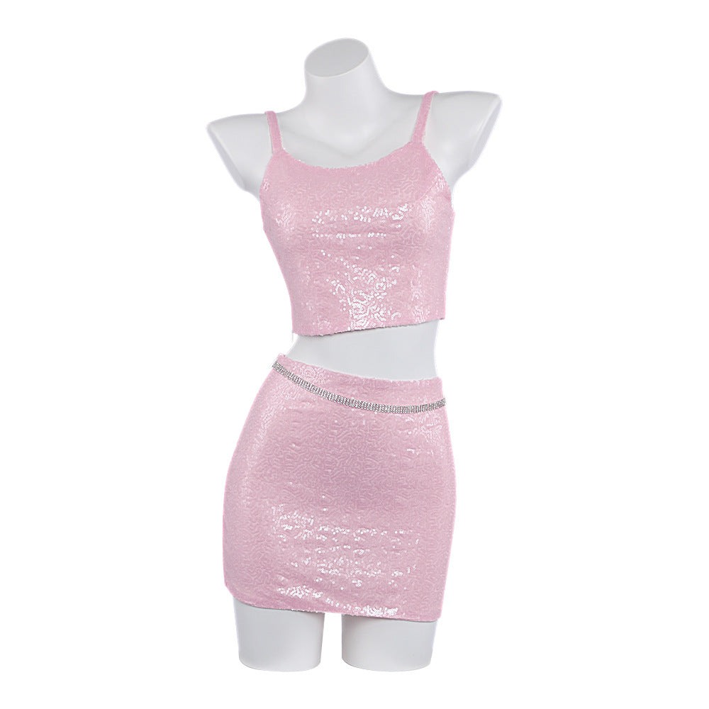 Pink Sequin Stage Outfit, Customizable, Kpop Idol Performance Costume