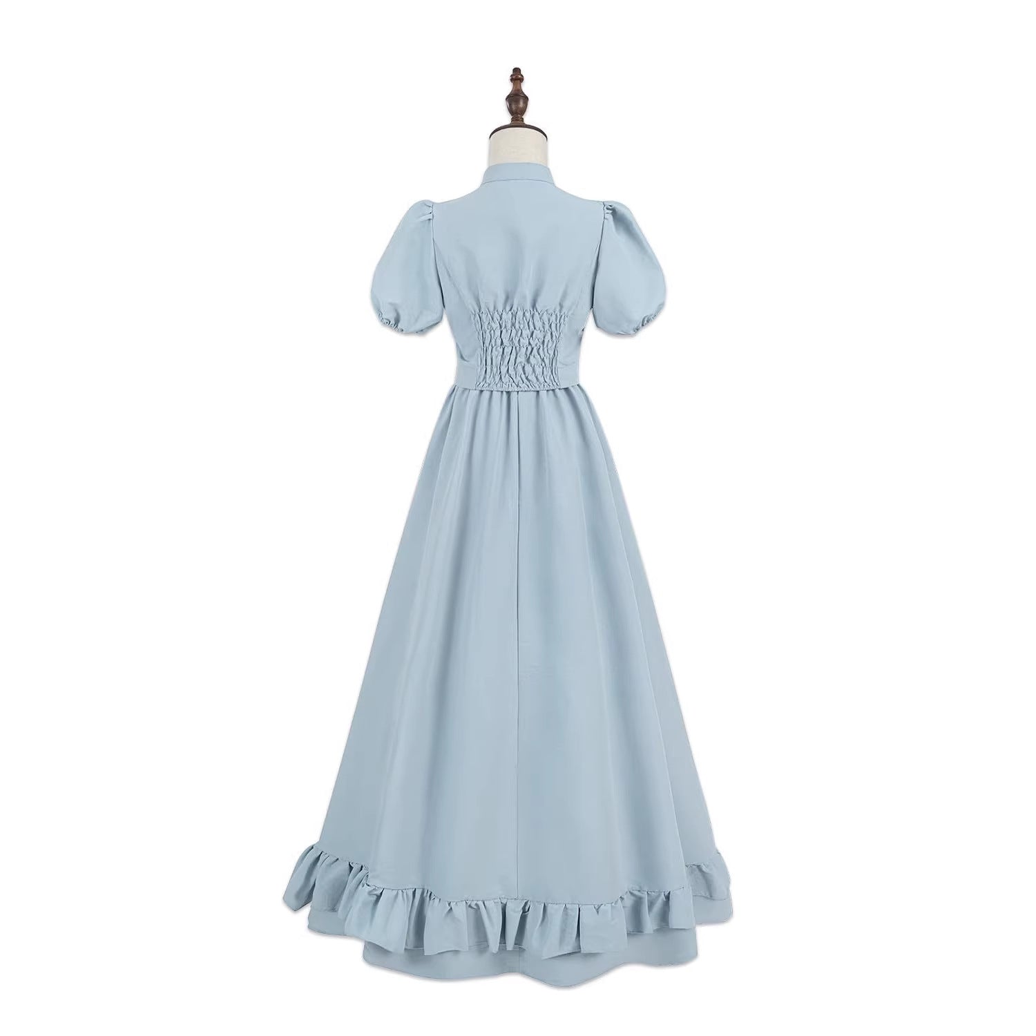 Women’s Light Blue Lace Vintage Midi Dress, Puff Sleeve Ruffle Hem Cottagecore Outfit - Halloweez