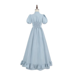 Women’s Light Blue Lace Vintage Midi Dress, Puff Sleeve Ruffle Hem Cottagecore Outfit - Halloweez
