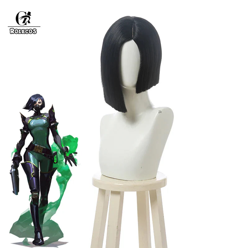 Peluca de cosplay de víbora de Halloween: cabello sintético negro corto de 35 cm para Halloween