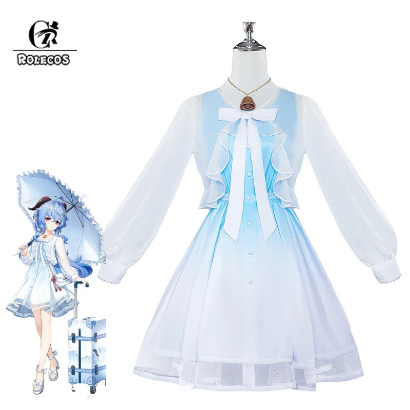 Vestido de cosplay exclusivo de Ganyu para Halloween en degradado azul y blanco para mujer