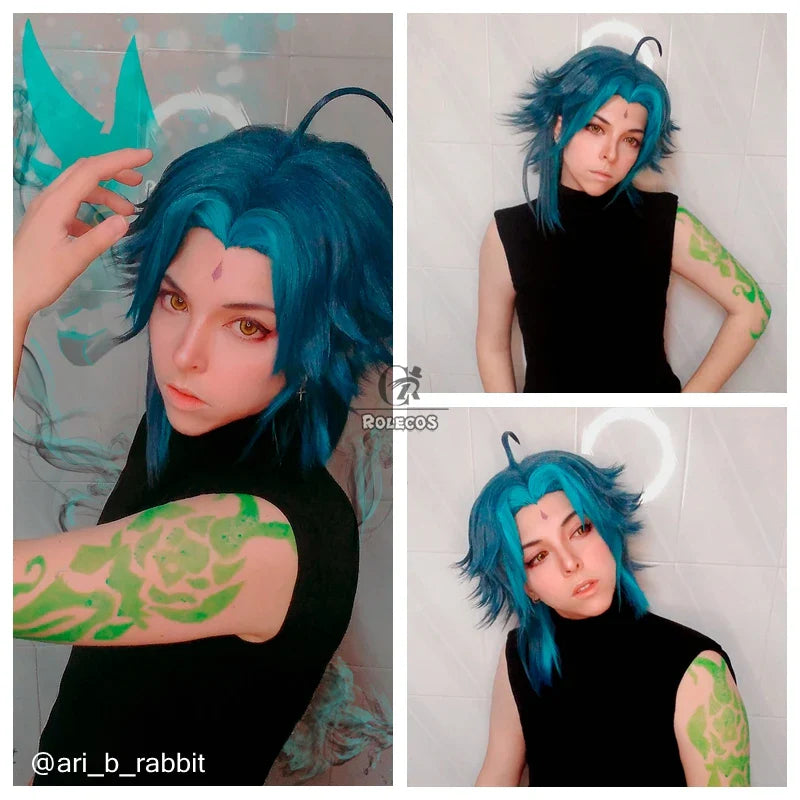 Halloweez Genshin Impact Xiao Cosplay Wig 40cm Mixed Blue Short Wigs for Role Play - Halloweez