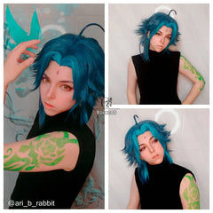 Halloweez Genshin Impact Xiao Cosplay Wig 40cm Mixed Blue Short Wigs for Role Play - Halloweez