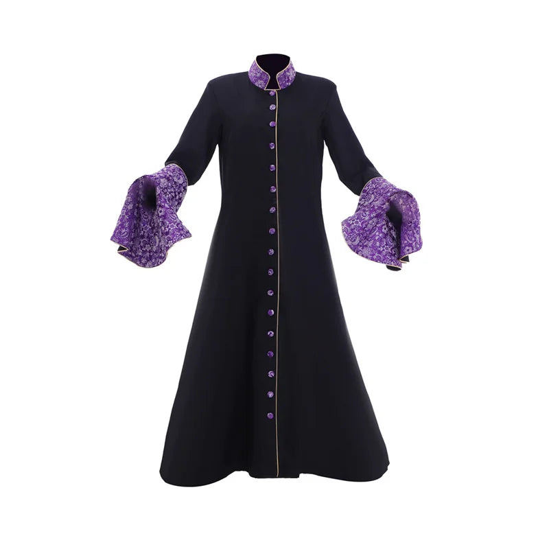 Elegant Medieval Priestess Robe for Women - Black Trumpet Sleeve Cassock with Cloak | Halloweez Cosplay Collection