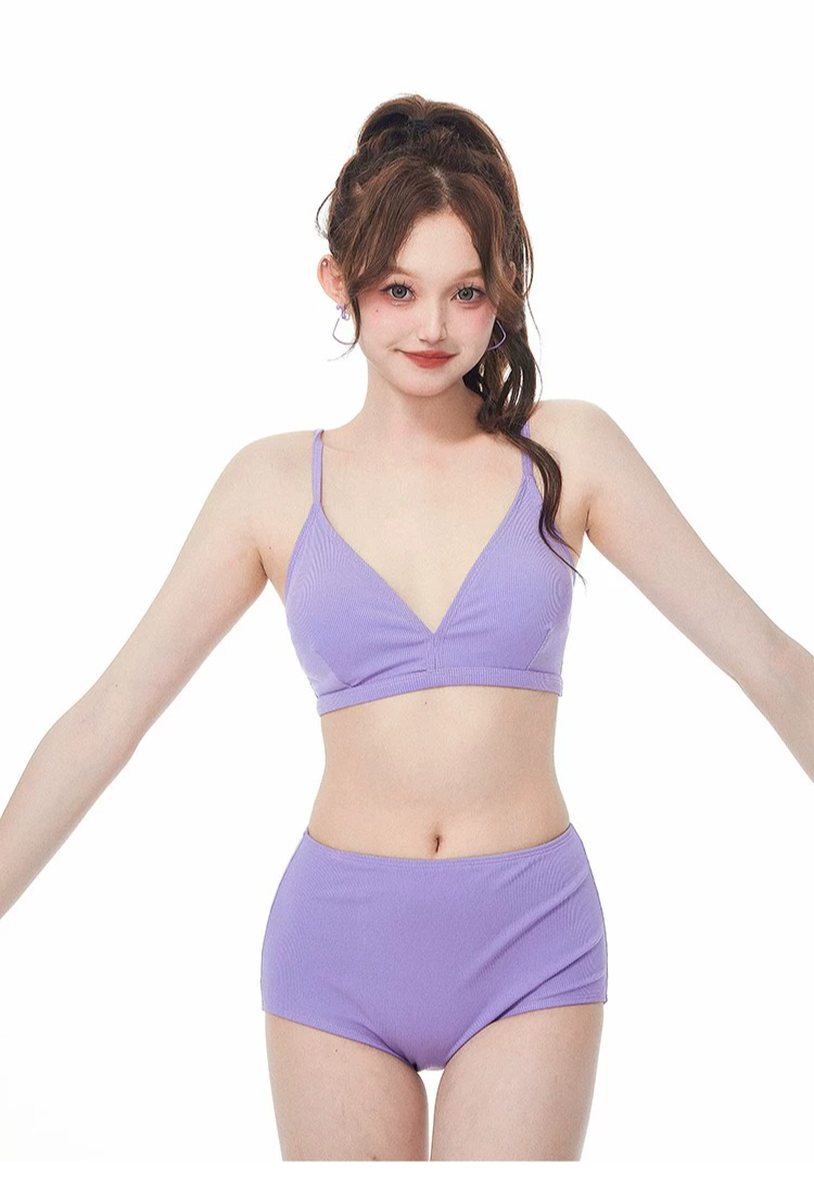 Stylish Purple 3 Piece Tankini Long Sleeve Tie Band Swimwear for Women - Halloweez