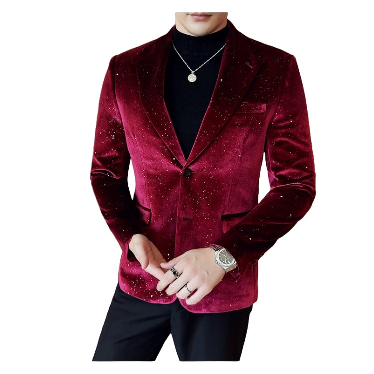 2025 New Fashion Glossy Velvet Gold Foil Print Men's Slim Fit Blazer Jacket - Trendy Cosplay Suit for Halloween Parties - Halloweez