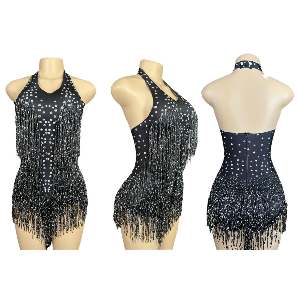 Latin Dance Halter Bodysuit with Fringe and Rhinestones - White Dance Performance Costume for Women - Halloweez