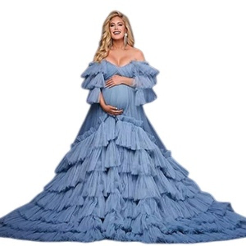 2025 Hot Sell Maternity Cosplay Costume Deep V See-through Mesh Dress with Puff Sleeves for Photo Shoot Party - Halloweez