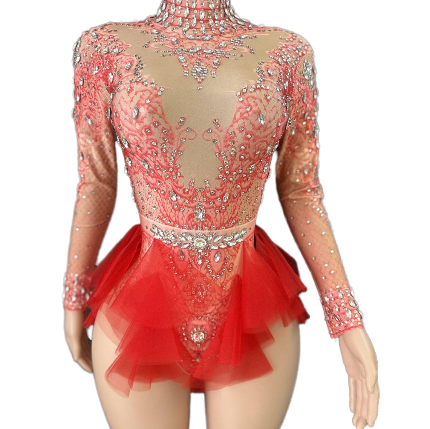 GC Singer Dance Rhinestone Stretchy Slimming Pink Mesh Bodysuit Stage Performance Costume Female Flash Diamond Girl Group - Halloweez