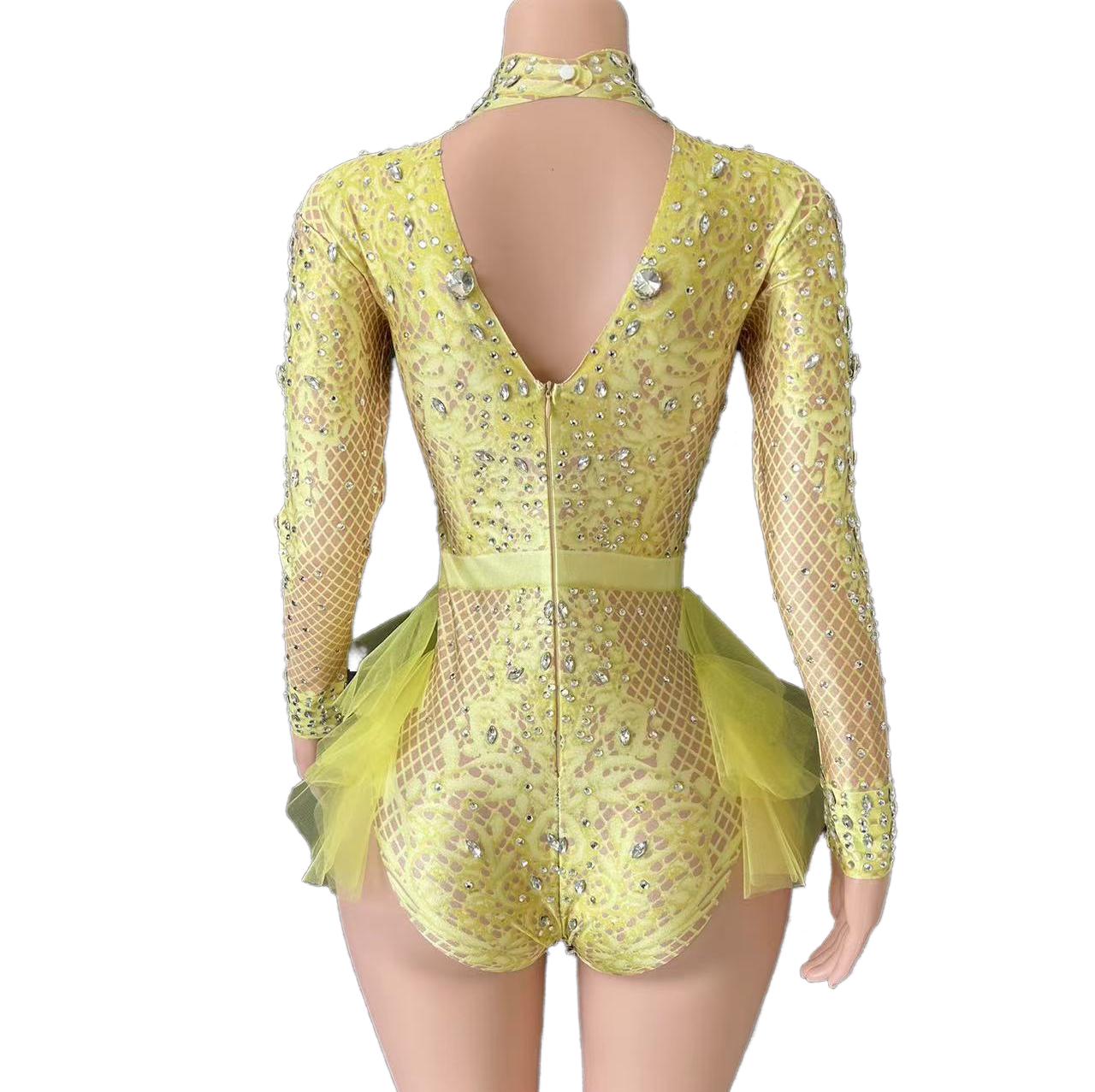 GC Singer Dance Rhinestone Stretchy Slimming Pink Mesh Bodysuit Stage Performance Costume Female Flash Diamond Girl Group - Halloweez