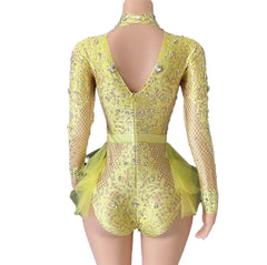 GC Singer Dance Rhinestone Stretchy Slimming Pink Mesh Bodysuit Stage Performance Costume Female Flash Diamond Girl Group - Halloweez