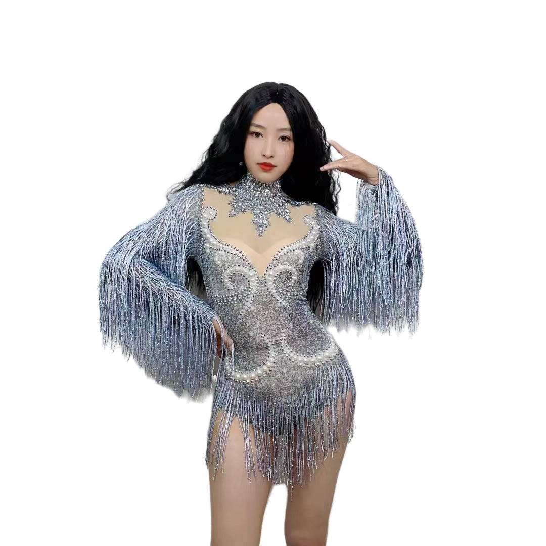 Sexual Stage Outfit Women's Rhinestone Pearl Fringe Long Sleeve Bodysuit Butterfly Mesh Performance Costume - Halloweez