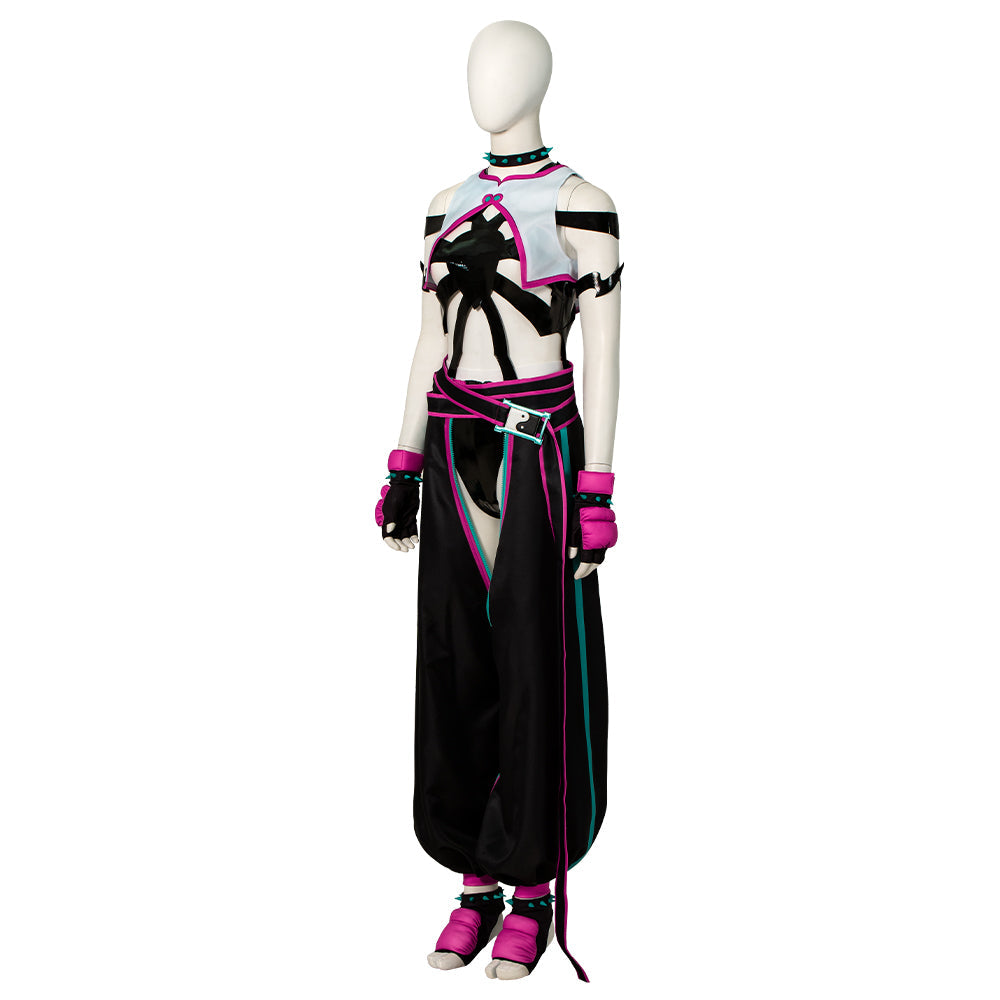 Halloweez Juri Cosplay Outfit - Hollow Bodysuit with Vest, Pants, and Gloves