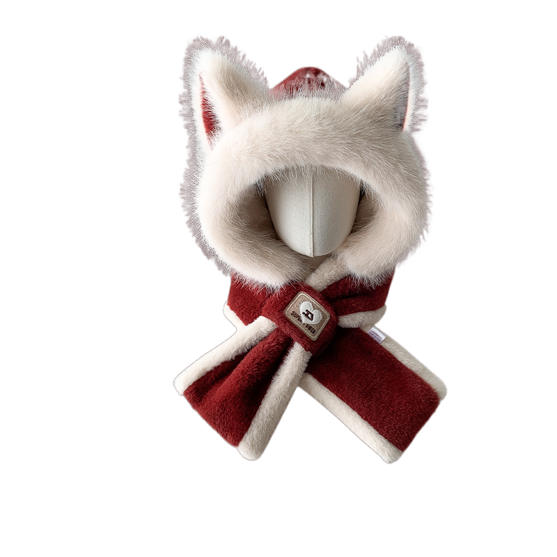 Cute Fox Ears Plush Hat Scarf Combo Winter Thick Warm Riding Ear Protection Unisex Cosplay Costume Accessory - Halloweez