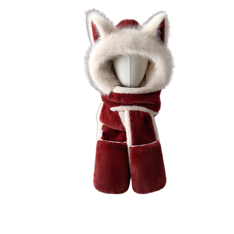 Cute Fox Ears Plush Hat Scarf Combo Winter Thick Warm Riding Ear Protection Unisex Cosplay Costume Accessory - Halloweez