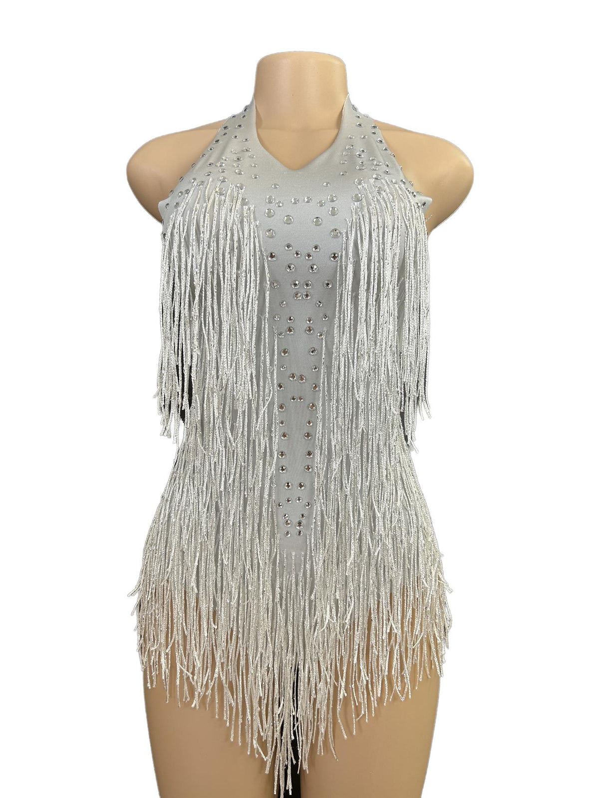 Latin Dance Halter Bodysuit with Fringe and Rhinestones - White Dance Performance Costume for Women - Halloweez