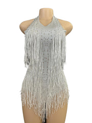 Latin Dance Halter Bodysuit with Fringe and Rhinestones - White Dance Performance Costume for Women - Halloweez