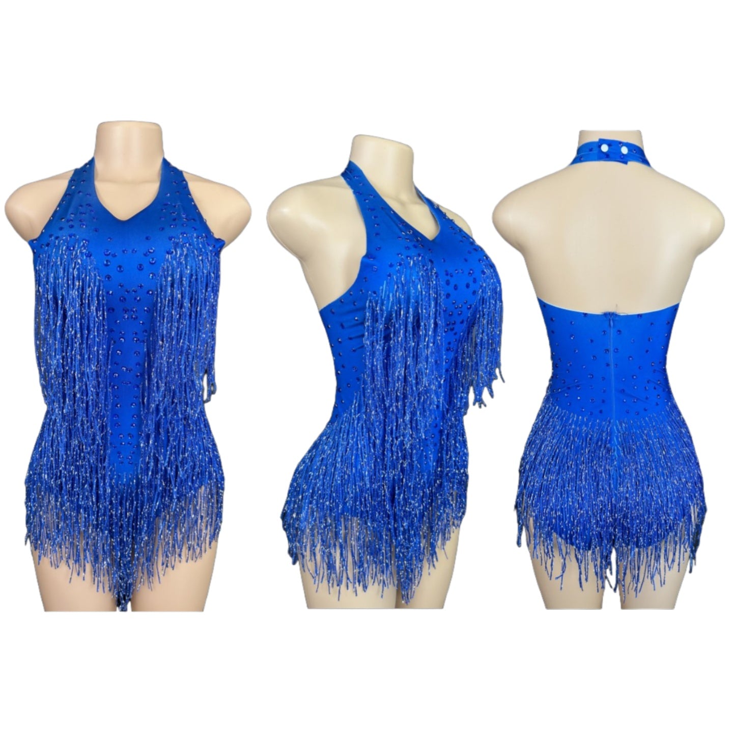 Latin Dance Halter Bodysuit with Fringe and Rhinestones - White Dance Performance Costume for Women - Halloweez