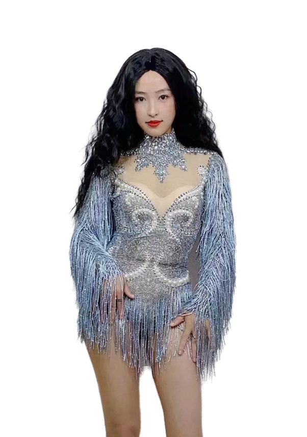 Sexual Stage Outfit Women's Rhinestone Pearl Fringe Long Sleeve Bodysuit Butterfly Mesh Performance Costume - Halloweez