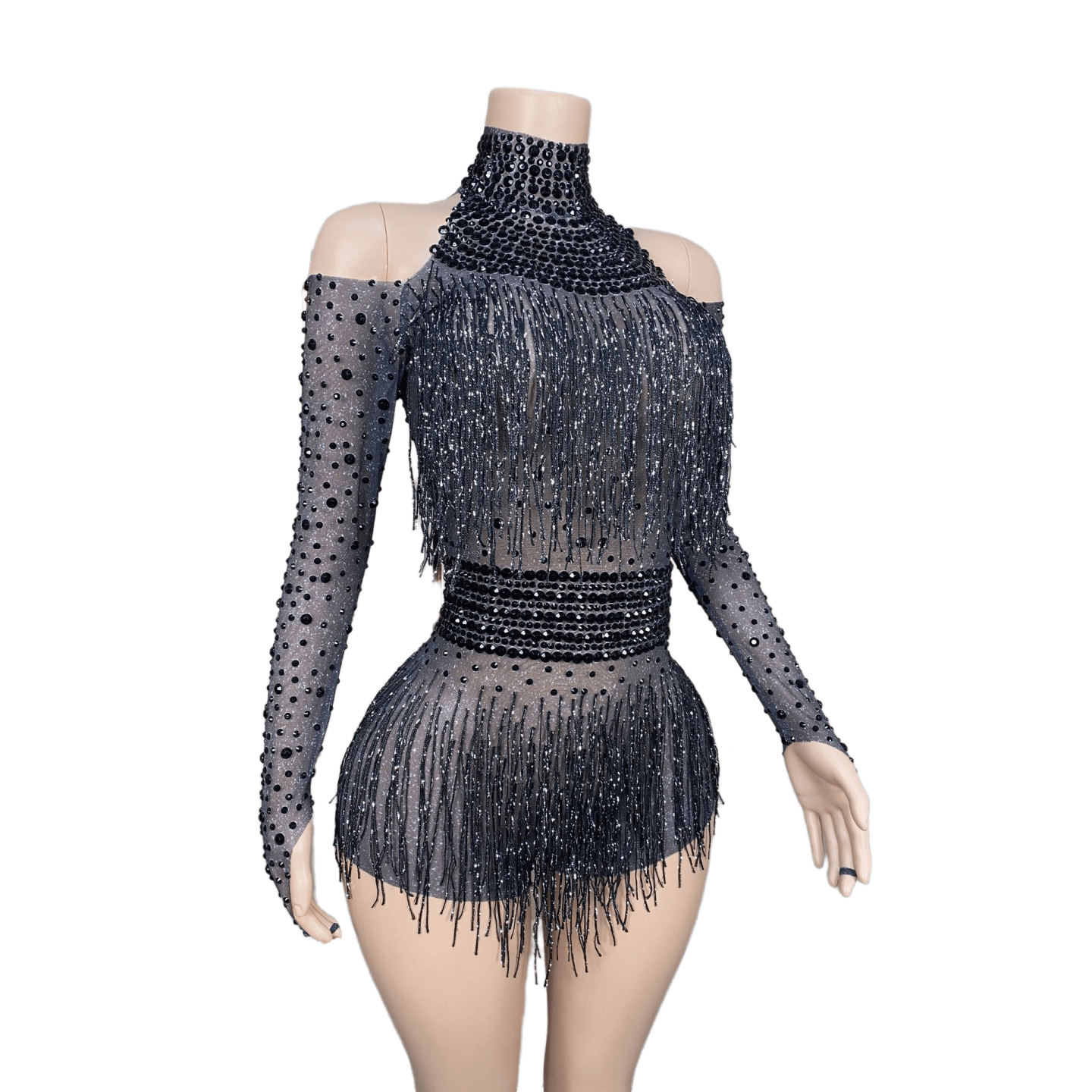 Red Fringe Bodysuit with Diamonds - Sparkling Performance Costume for Female Singers, Dance Teams, Nightclub Shows, and Stage Performances - Halloweez
