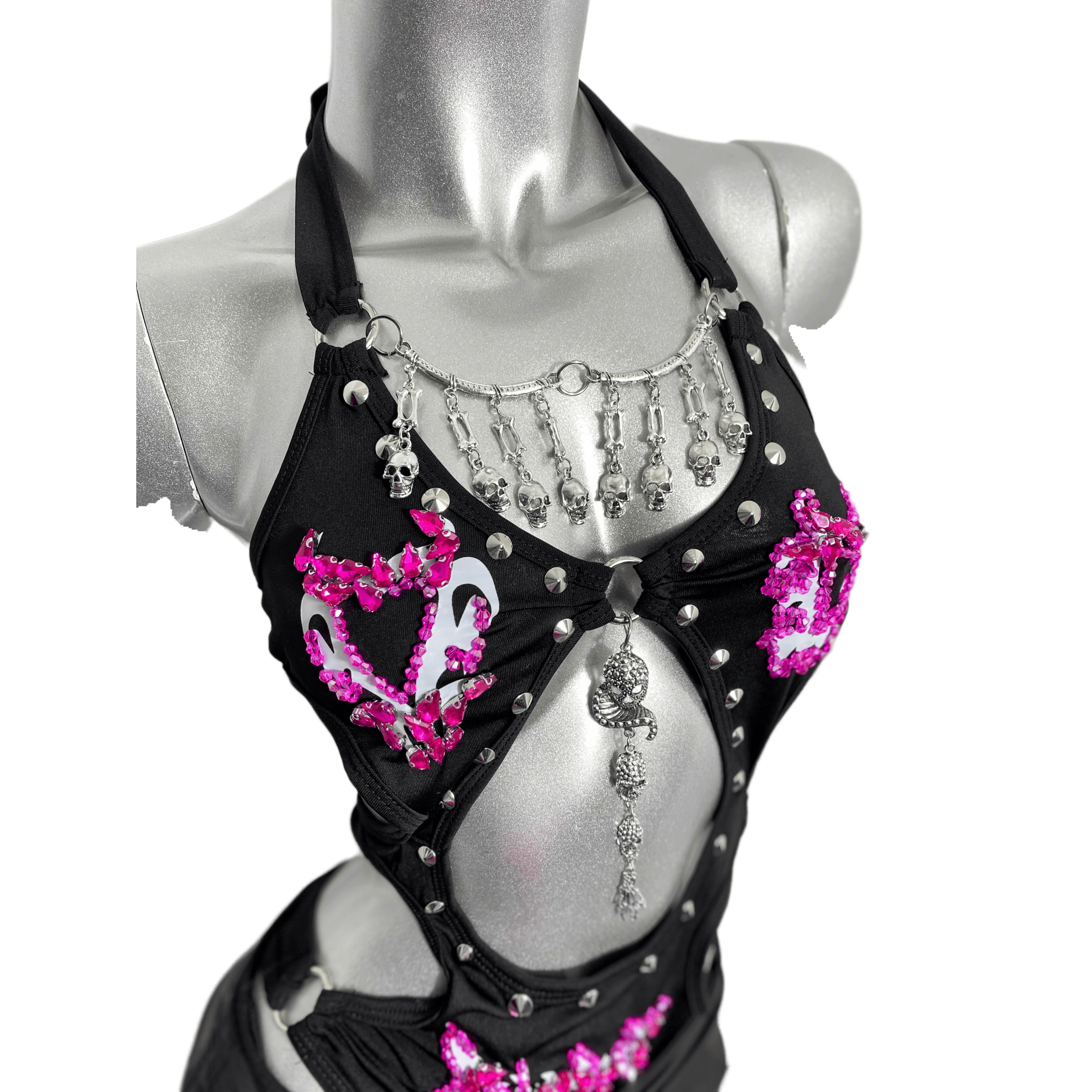 TDH Original Hand-Embroidered Pink Diamond 3D Stud Bodysuit + Sparkling Full Diamond Star Leather Skirt Set for Cosplay - Halloweez