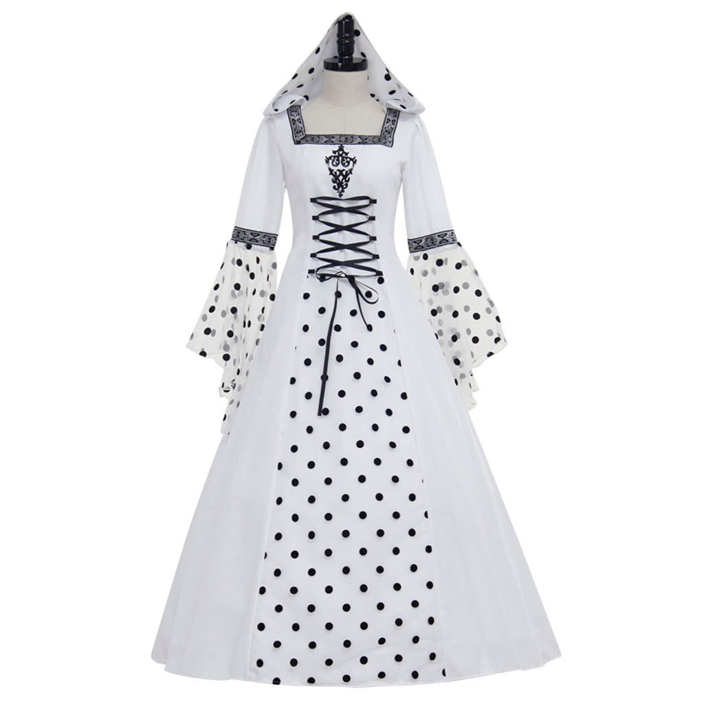 Robe blanche élégante à pois et capuche style gothique steampunk pour Halloween, pour événements médiévaux victoriens et renaissance