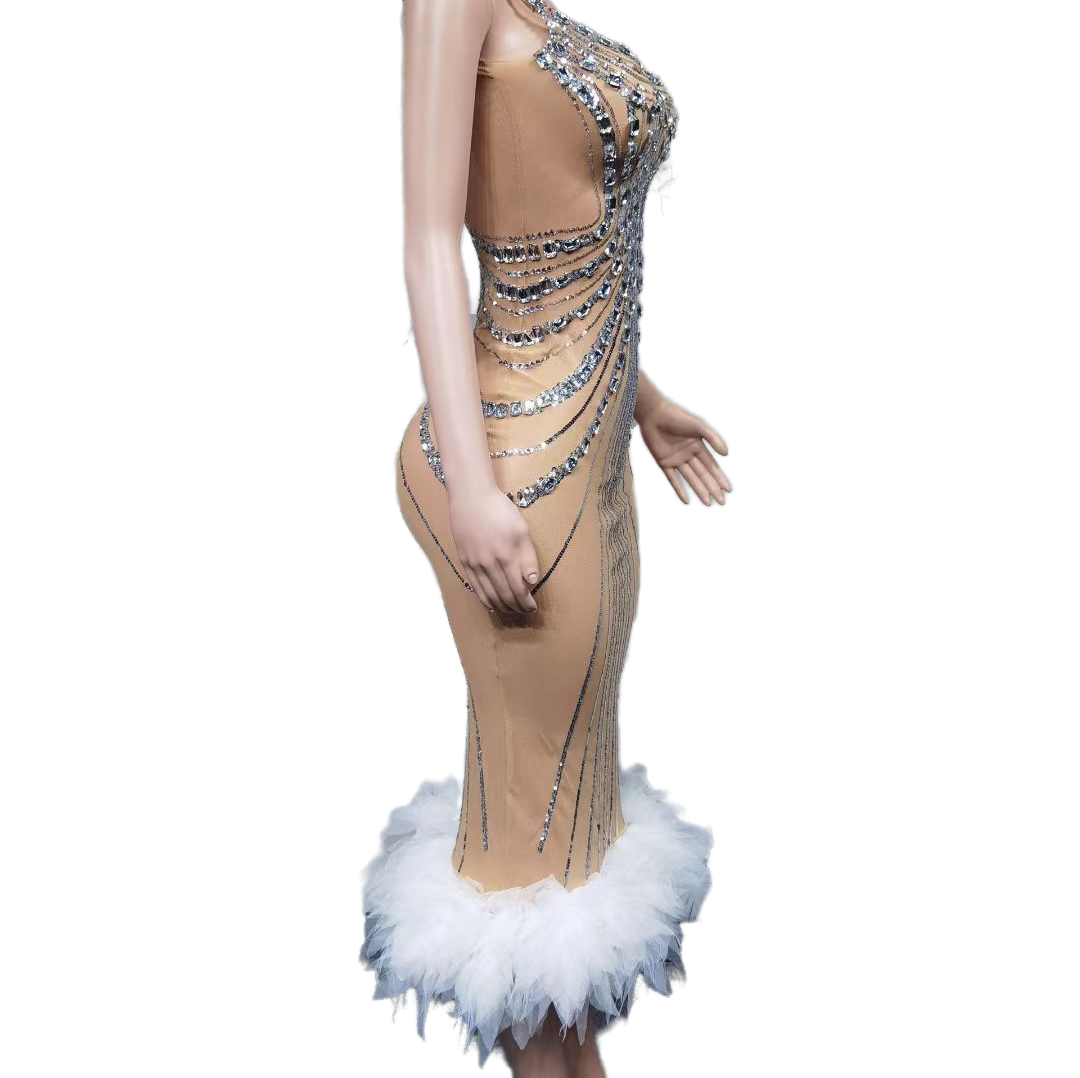 Sexy Silver Sequin Feather Hem Bodycon Evening Dress for Women - Backless Glamorous Cosplay Costume - Halloweez