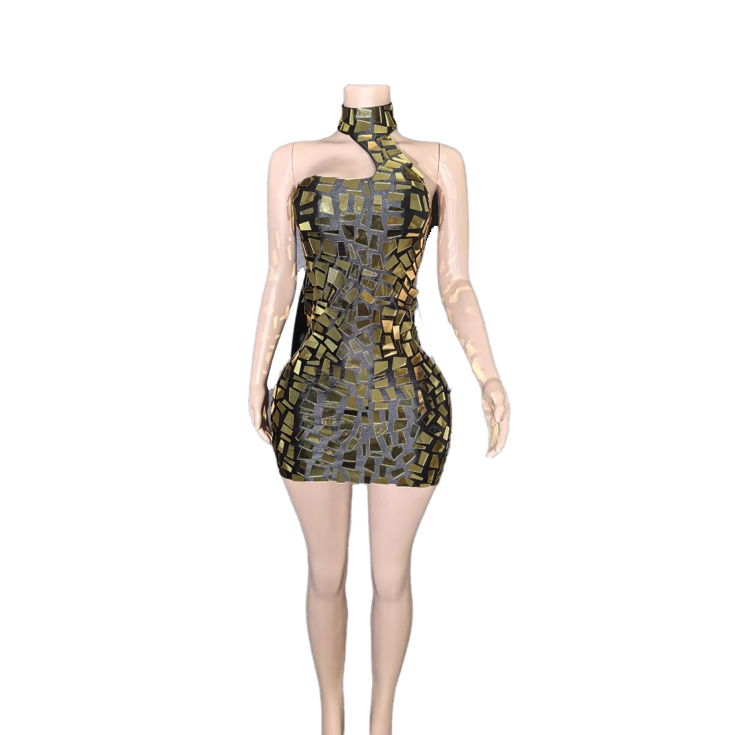 Sexy Reflective Mirror Halter Tube Top Mini Skirt Bodycon Dress for Cosplay Party Clubwear - Halloweez