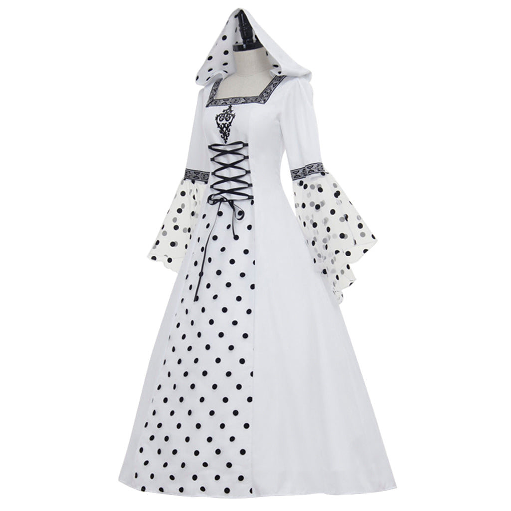 Robe blanche élégante à pois et capuche style gothique steampunk pour Halloween, pour événements médiévaux victoriens et renaissance