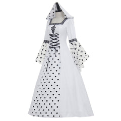 Robe blanche élégante à pois et capuche style gothique steampunk pour Halloween, pour événements médiévaux victoriens et renaissance