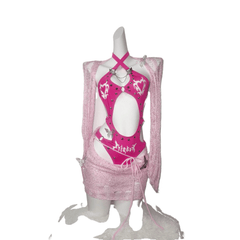 TDH Original Barbie Pink Glitter 3D Studded Cutout Bodysuit + Distressed Knit Mini Skirt Hot Girl Cosplay Costume Set - Halloweez