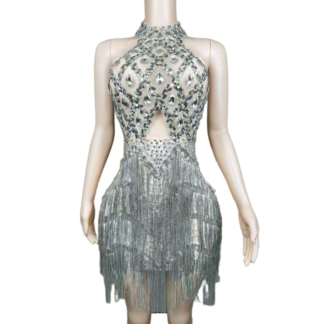 Rhinestone Mesh Hollow Sequin Fringe Dress - Silver Performance Costume for Party, Cosplay, Evening Gala - Halloweez