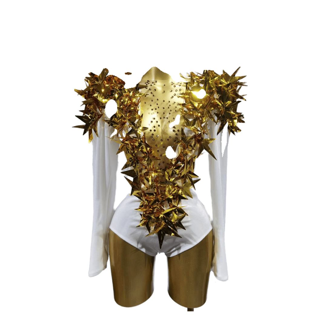 Sexy Gold Star Shoulder Pad Bodysuit Stage Costume for Concert Performance Music Show Cosplay - Halloweez