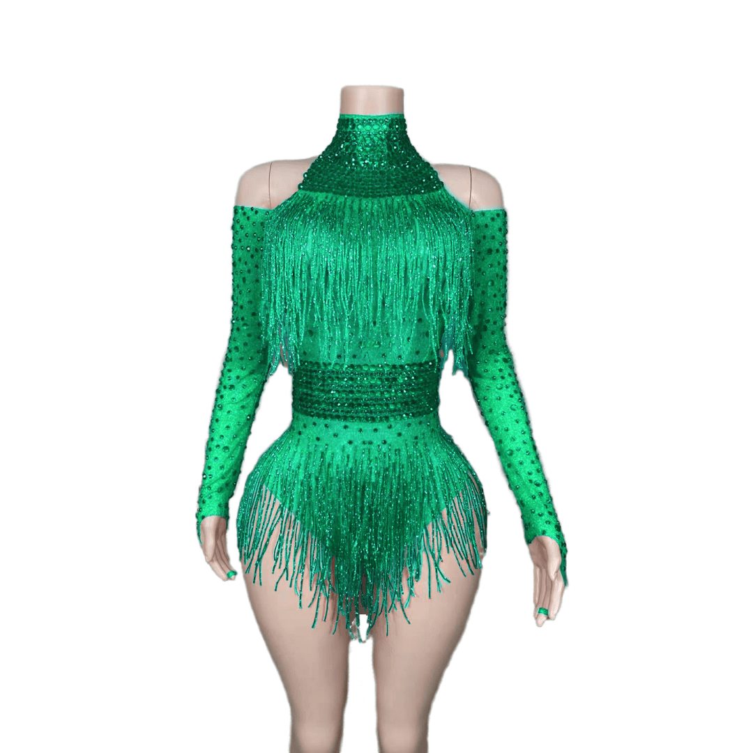 Red Fringe Bodysuit with Diamonds - Sparkling Performance Costume for Female Singers, Dance Teams, Nightclub Shows, and Stage Performances - Halloweez