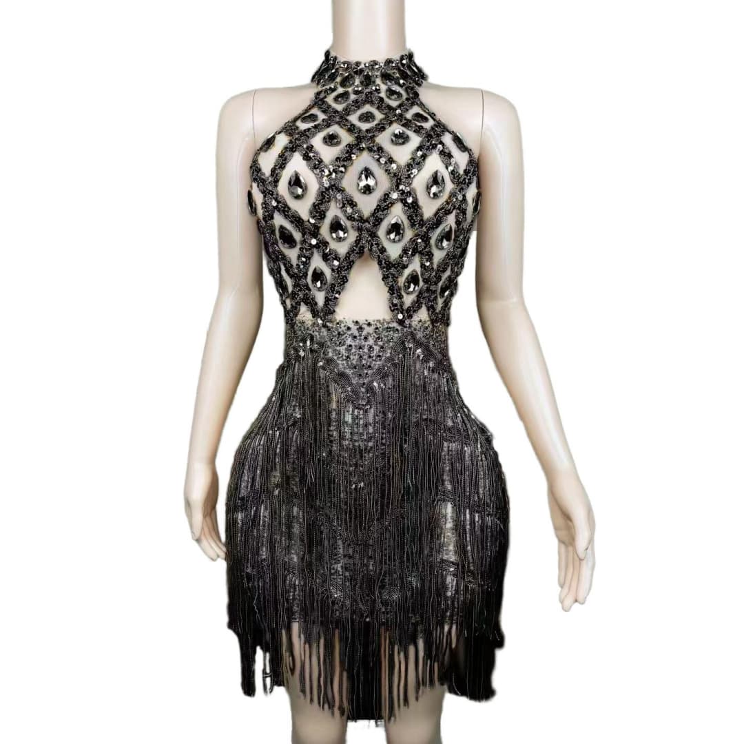Rhinestone Mesh Hollow Sequin Fringe Dress - Silver Performance Costume for Party, Cosplay, Evening Gala - Halloweez