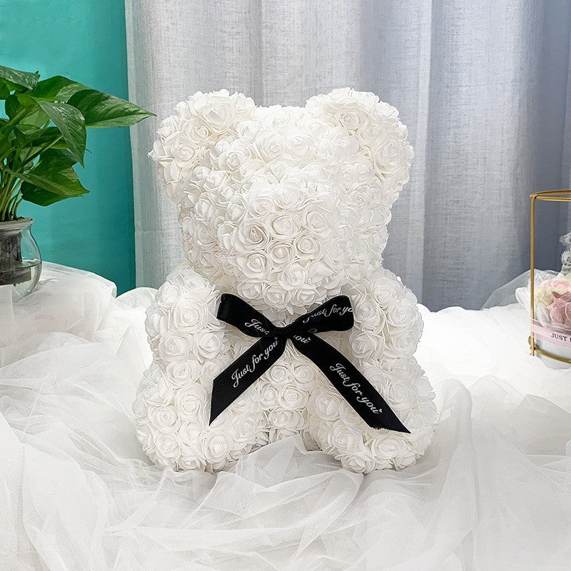 Romantic Halloweez PE Rose Bear Gift Set with Eternal Foam Rose, Lights, and Elegant Wedding Dress