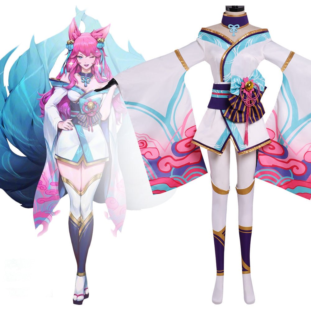 Halloweez Ahri Spirit Blossom Cosplay Costume | Women's Nine-Tailed Fox Role Play Dress - Halloweez