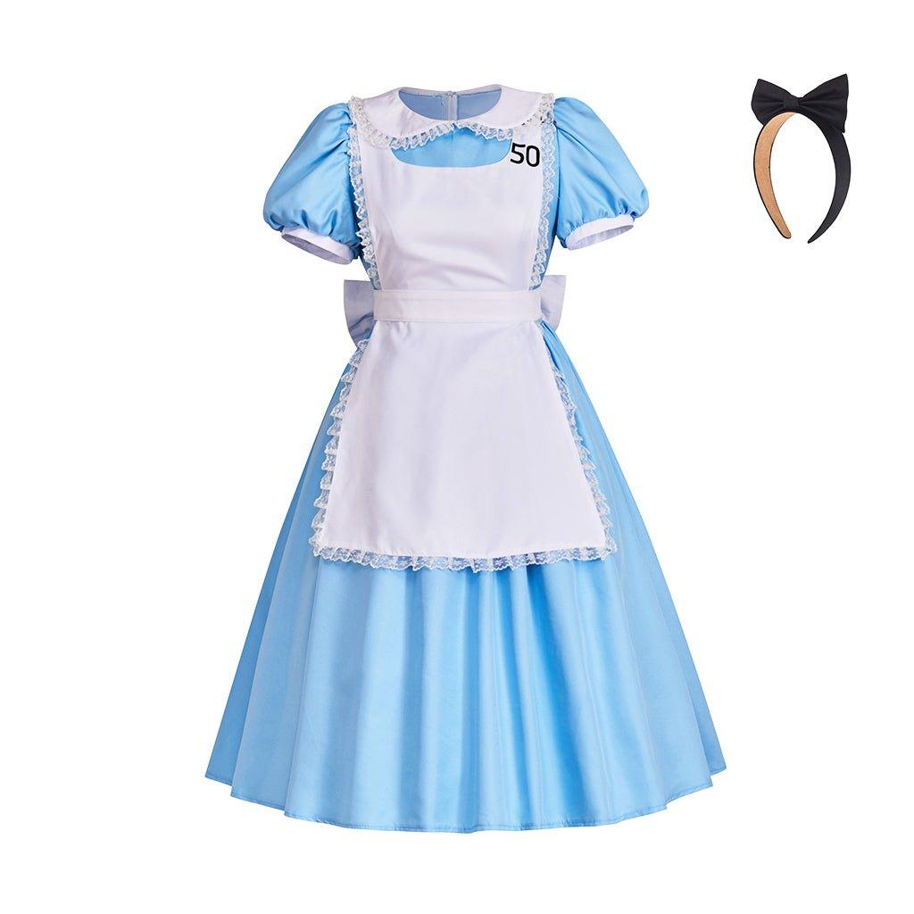 Alice Bloody Dress Cosplay Outfit | Dark Alice Halloween Costume | Blue Collar Dress with Apron - Coscosmos