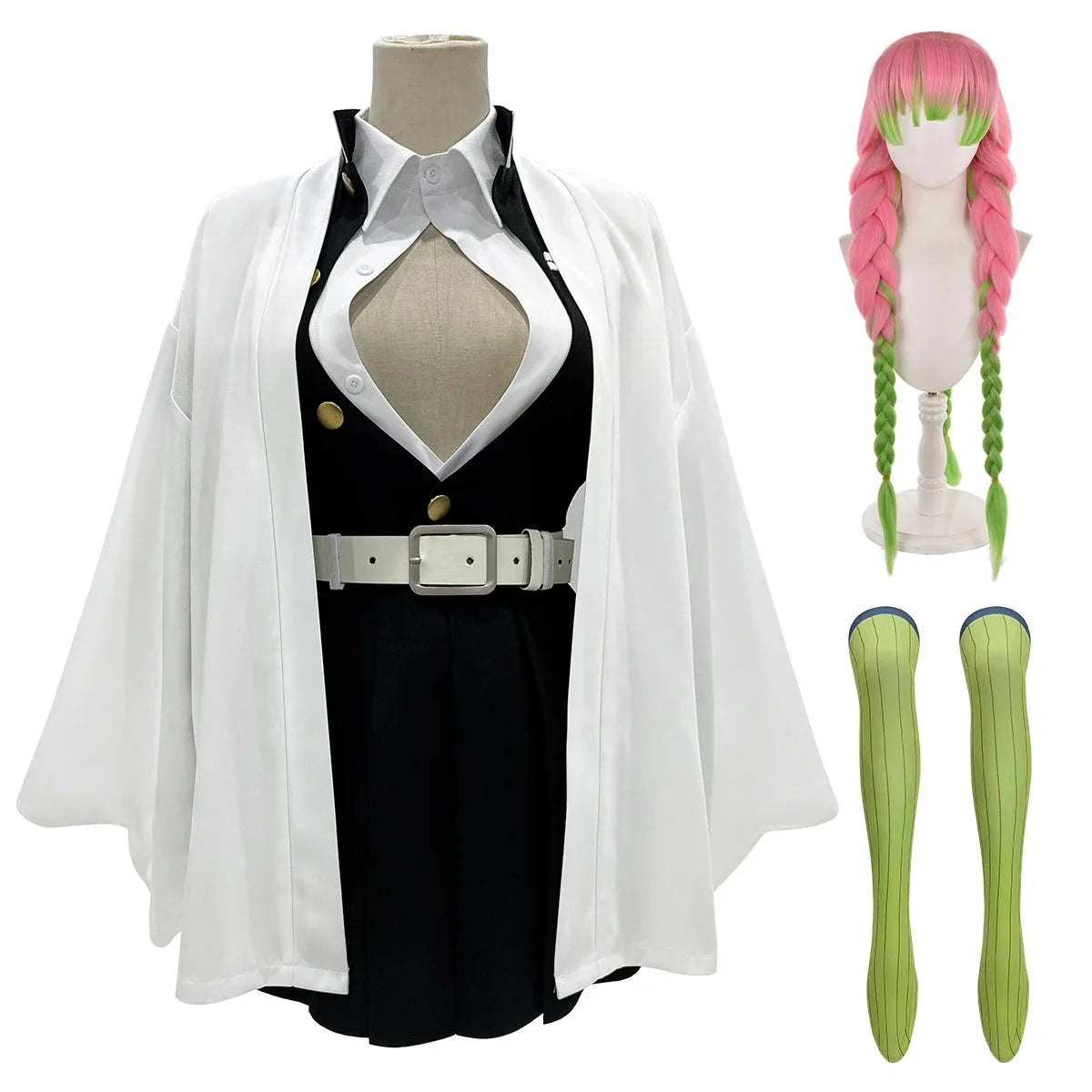 Anime Kanroji Mitsuri Cosplay Costume Braided Wig Embroidery Top Skirt White Haori Belt Stockings Cos Halloween - Coscosmos