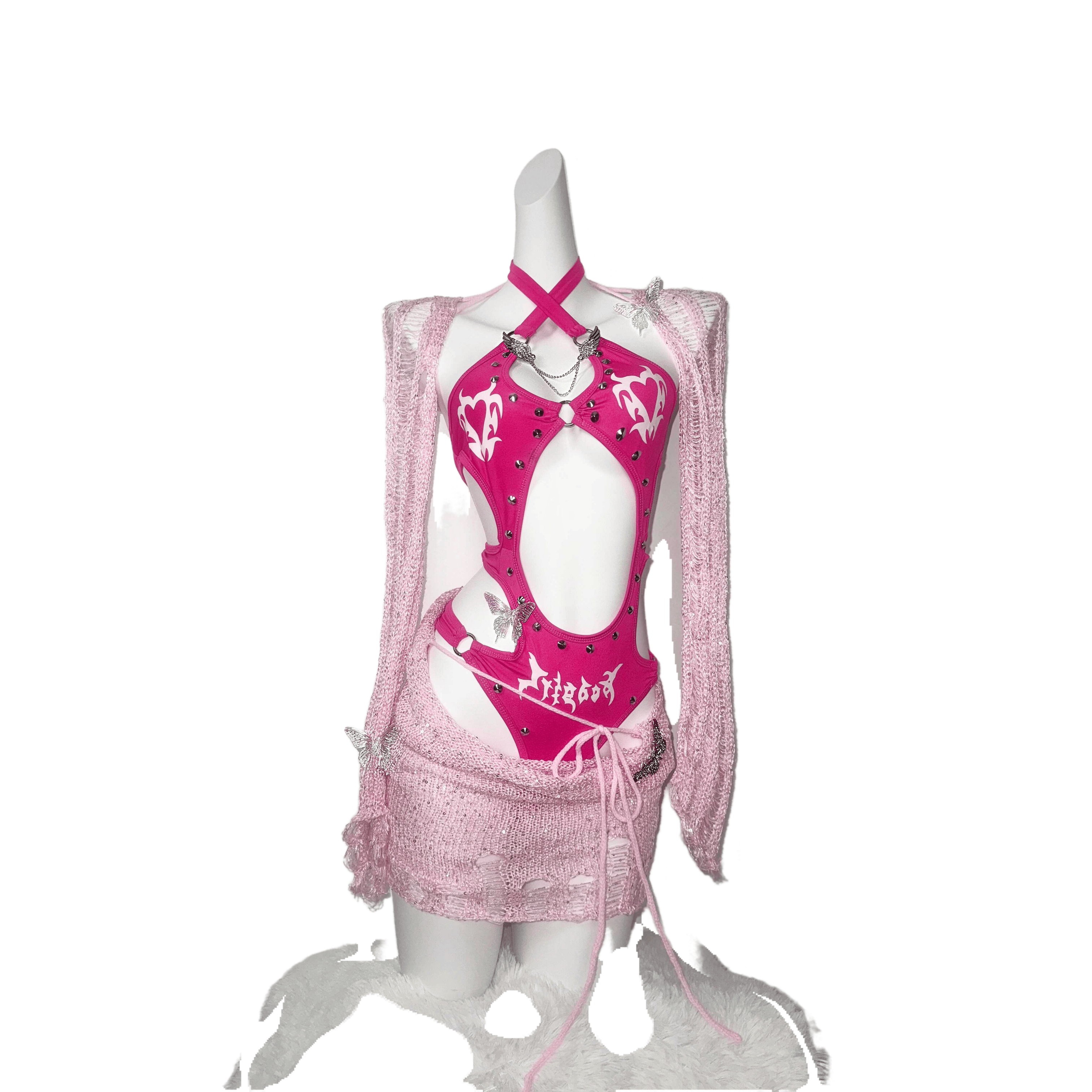 TDH Original Barbie Pink Glitter 3D Studded Cutout Bodysuit + Distressed Knit Mini Skirt Hot Girl Cosplay Costume Set - Halloweez