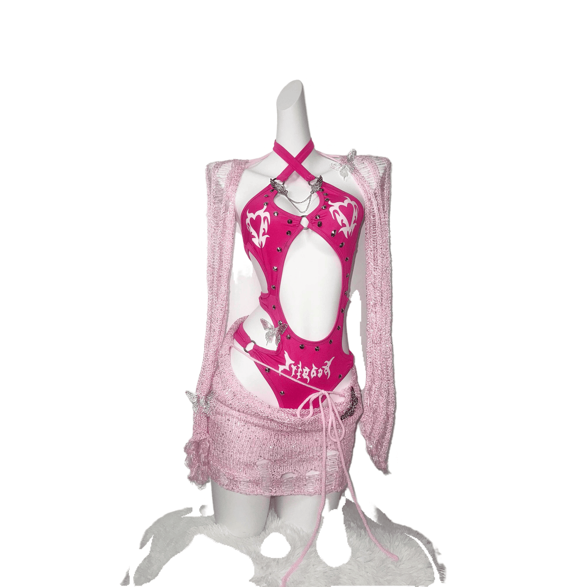 TDH Original Barbie Pink Glitter 3D Studded Cutout Bodysuit + Distressed Knit Mini Skirt Hot Girl Cosplay Costume Set - Halloweez