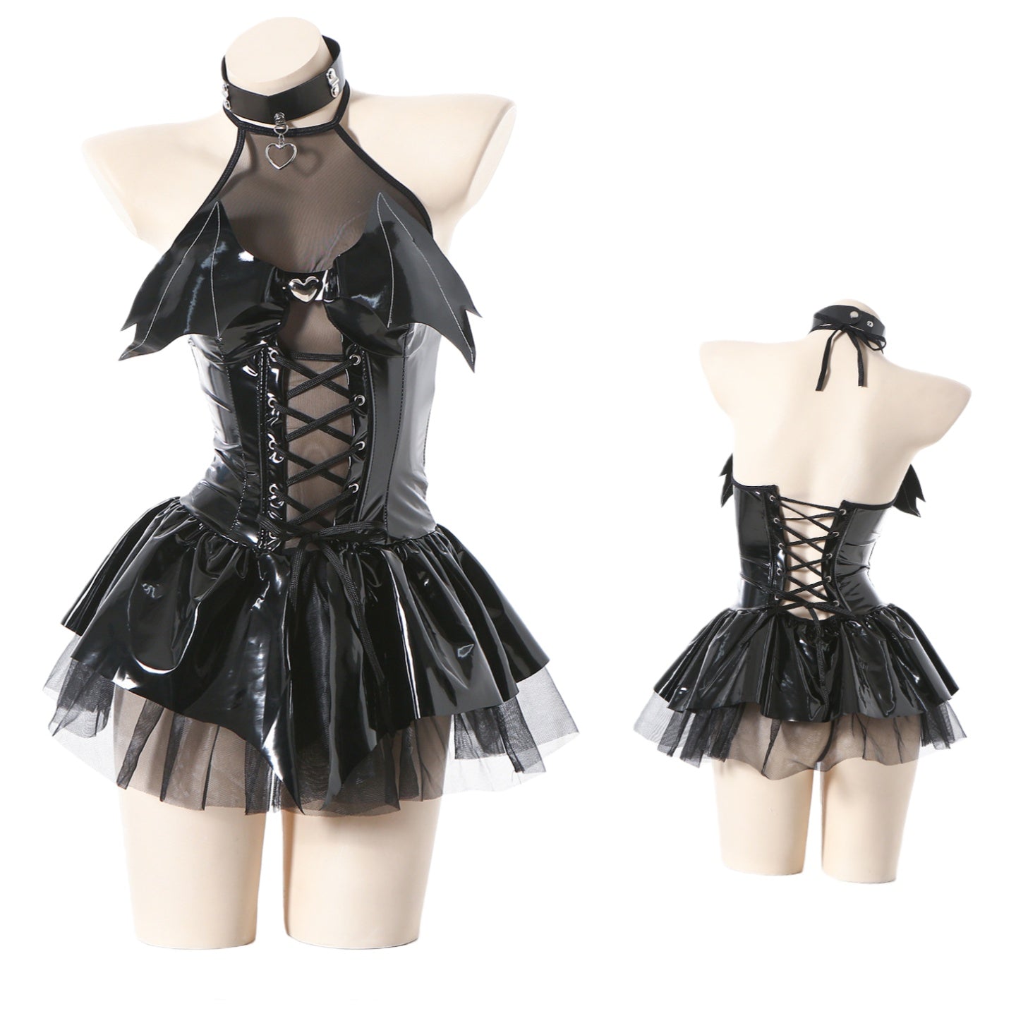 Mirror PU Halter Tie Bat Little Devil Sheer Mini Skirt Cosplay Costume Anime Lolita Goth Outfit - Halloweez