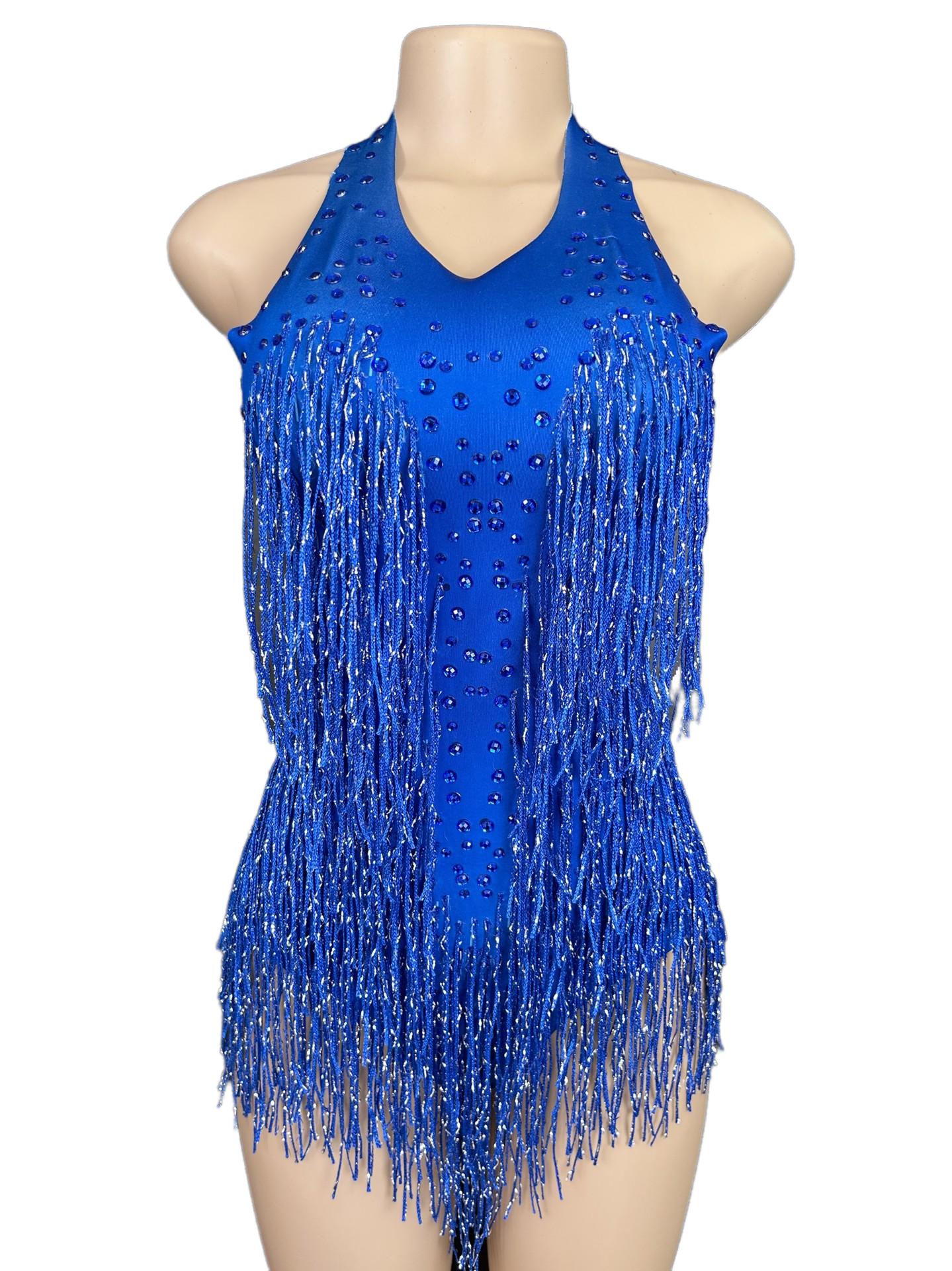 Latin Dance Halter Bodysuit with Fringe and Rhinestones - White Dance Performance Costume for Women - Halloweez