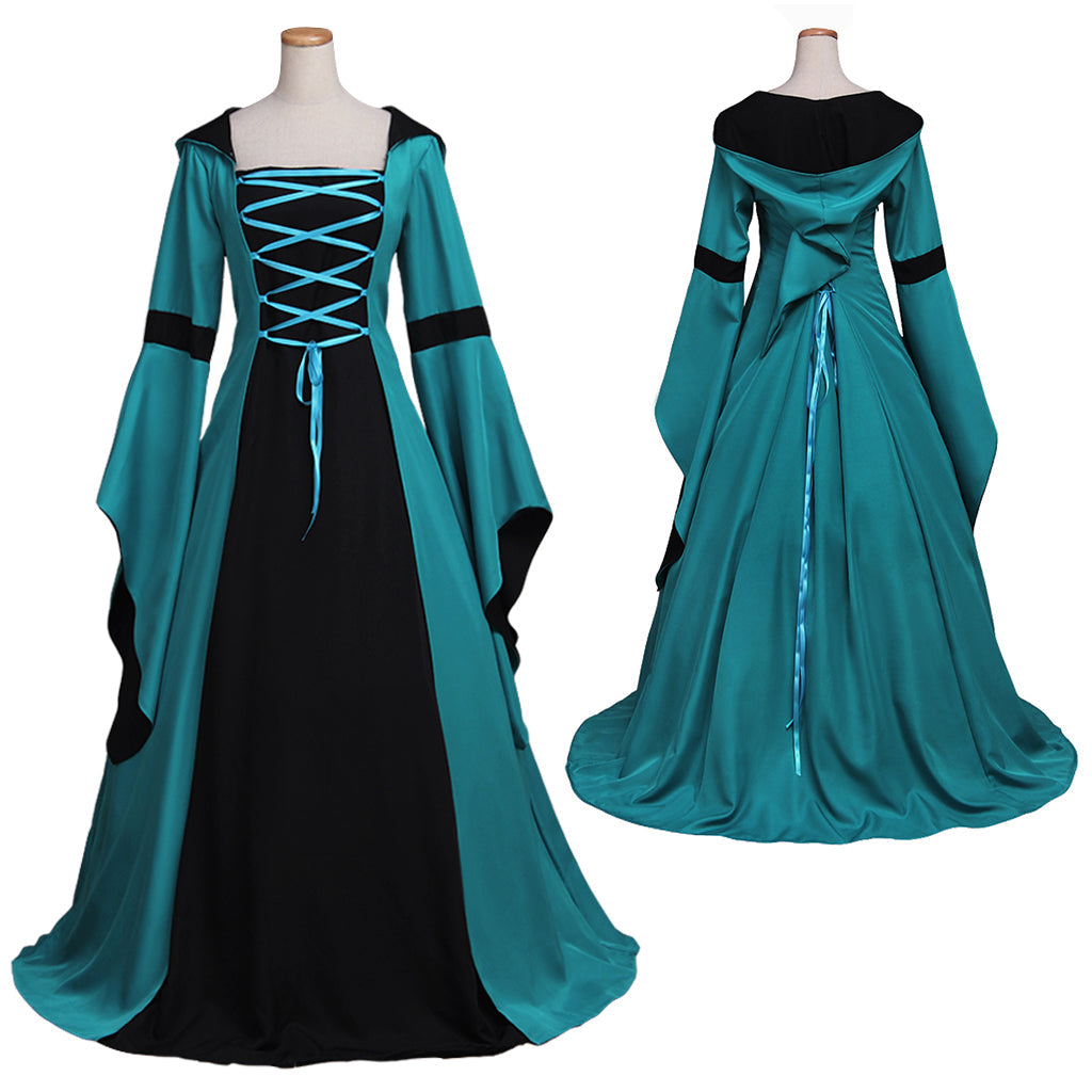 New Women's Halloweez Vintage Medieval Costume - Renaissance Victorian Square Neck Flare Sleeve Lace Patchwork Gothic Dress