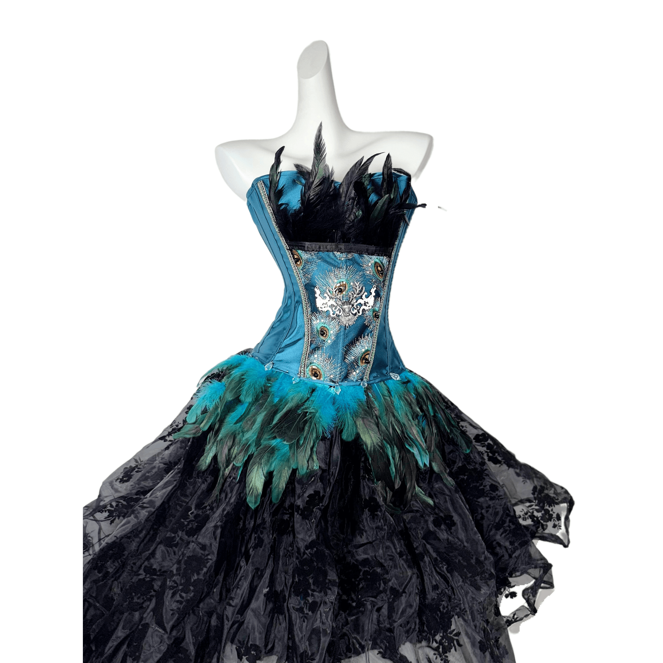 TDH Original Handmade Blue Green Peacock Gothic Dark Lace-Up Drawstring Feather Bustier Affordable Corset Top for Cosplay - Halloweez