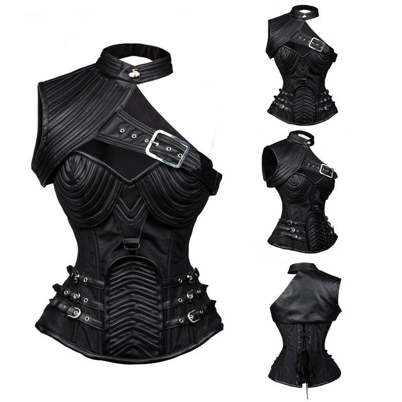 Medieval Dark Gothic Style Crusader Knightess Corset Top - Leather Look Bustier with Lace-Up Front and Adjustable Straps for Cosplay Costumes - Halloweez