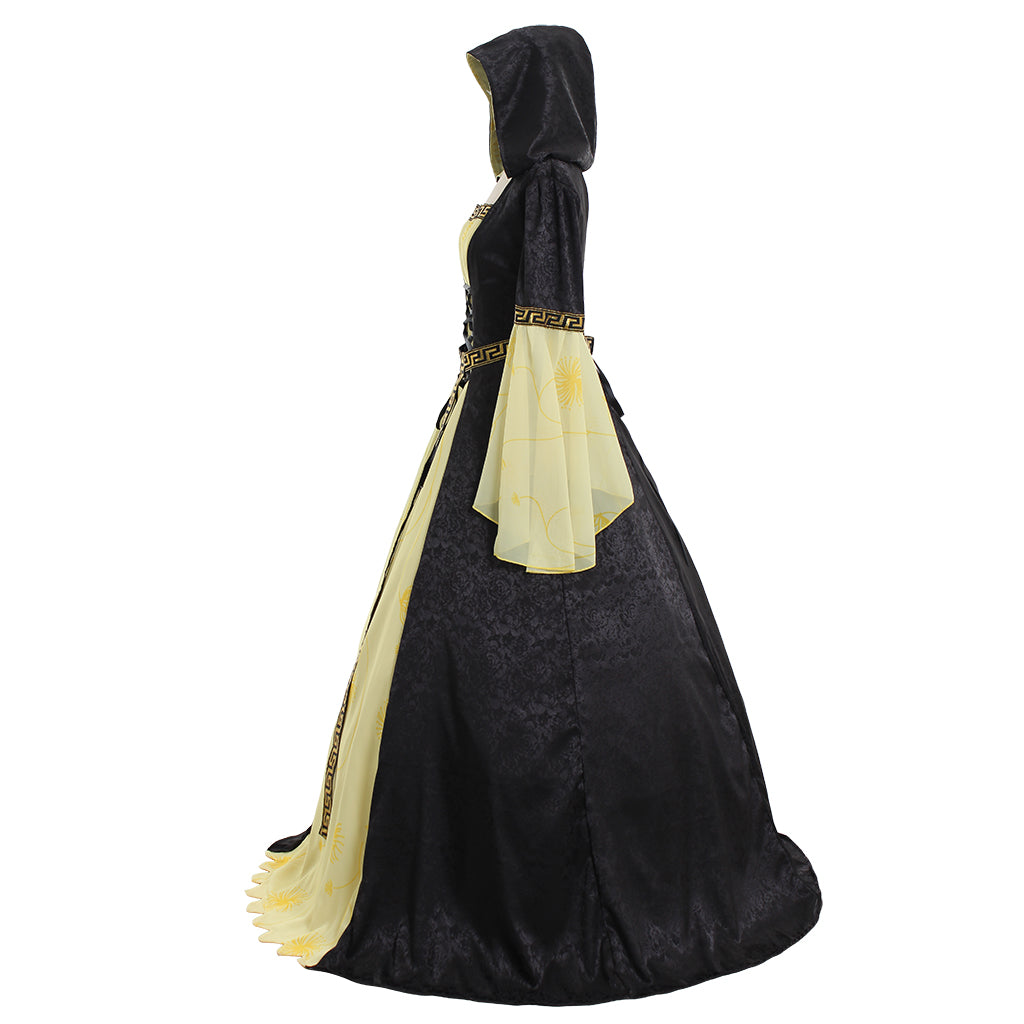 Halloweez Yellow Black Hooded Medieval Maxi Dress with Belt - Women's Stage Musical Vintage Party Halloween Costume